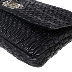 Pre Owned Miu Miu Black Matelassé Leather Crystal Flap Shoulder Bag 