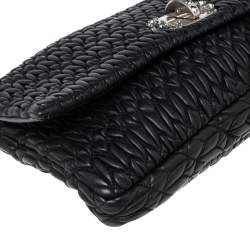 Pre Owned Miu Miu Black Matelassé Leather Crystal Flap Shoulder Bag 