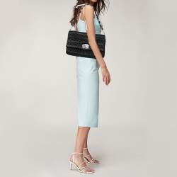 Pre Owned Miu Miu Black Matelassé Leather Crystal Flap Shoulder Bag 