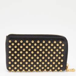 Miu Miu Black Leather Studded Zip Around Wallet