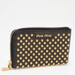 Miu Miu Black Leather Studded Zip Around Wallet