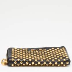 Miu Miu Black Leather Studded Zip Around Wallet