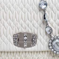 Miu Miu White Matelasse Leather Crystal Shoulder Bag