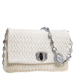 Miu Miu White Matelasse Leather Crystal Shoulder Bag