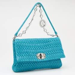 Pre Owned Miu Miu Aqua Blue Matelassé Leather Crystal Embellished Shoulder Bag
