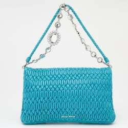 Pre Owned Miu Miu Aqua Blue Matelassé Leather Crystal Embellished Shoulder Bag
