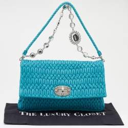 Pre Owned Miu Miu Aqua Blue Matelassé Leather Crystal Embellished Shoulder Bag