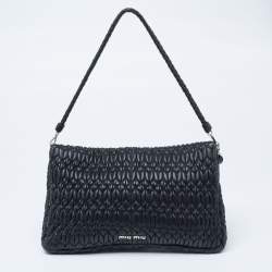 Miu Miu Black Matelassé Leather Crystal Shoulder Bag