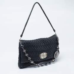Miu Miu Black Matelassé Leather Crystal Shoulder Bag
