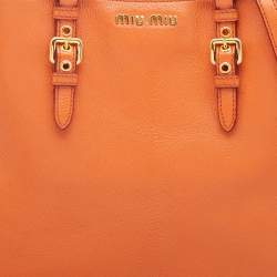 Pre Owned Miu Miu Orange Madras Leather Shopping Tote