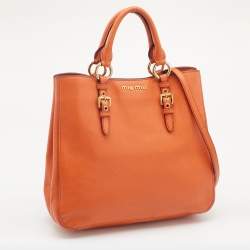 Pre Owned Miu Miu Orange Madras Leather Shopping Tote