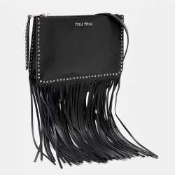 Pre Owned Miu Miu Black Leather Studded Fringe Crossbody Bag