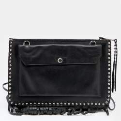 Pre Owned Miu Miu Black Leather Studded Fringe Crossbody Bag