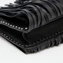 Pre Owned Miu Miu Black Leather Studded Fringe Crossbody Bag