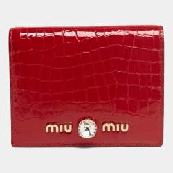Miu Miu Red Croc Embossed Patent Leather Crystal Embellished Bifold Wallet