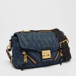 Pre Owned Miu Miu Blue Matelasse Denim Biker Shoulder Bag