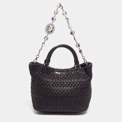 Pre Owned Miu Miu Black Matelasse Leather Swarovski Crystal Convertible Tote