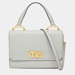 Pre Owned Miu Miu Grey/Off White Leather Madras Top Handle Bag