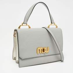 Pre Owned Miu Miu Grey/Off White Leather Madras Top Handle Bag