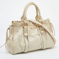 Miu Miu Cream Vitello Lux Leather Gathered Tote