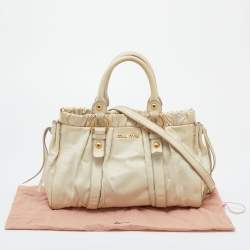 Miu Miu Cream Vitello Lux Leather Gathered Tote