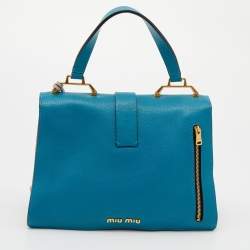 Pre Owned Miu Miu Grey/Blue Leather Madras Top Handle Bag