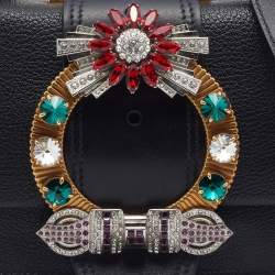 Pre Owned Miu Miu Black Madras Leather Crystal Embellished Buckle Flap Shoulder Bag