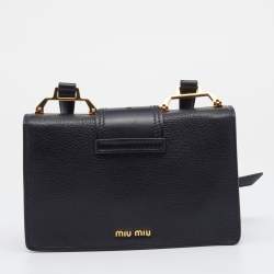 Pre Owned Miu Miu Black Madras Leather Crystal Embellished Buckle Flap Shoulder Bag