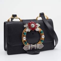 Pre Owned Miu Miu Black Madras Leather Crystal Embellished Buckle Flap Shoulder Bag