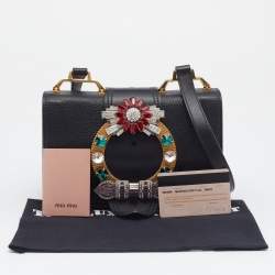 Pre Owned Miu Miu Black Madras Leather Crystal Embellished Buckle Flap Shoulder Bag