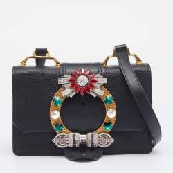 Pre Owned Miu Miu Black Madras Leather Crystal Embellished Buckle Flap Shoulder Bag