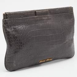Miu Miu Grey Croc Embossed Patent Leather Frame Clutch