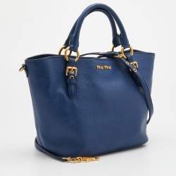 Pre Owned Miu Miu Blue Grained Leather Madras Tote
