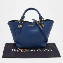 Pre Owned Miu Miu Blue Grained Leather Madras Tote