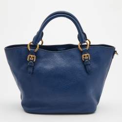 Pre Owned Miu Miu Blue Grained Leather Madras Tote