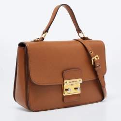 Miu Miu Brown  Leather Push Lock Flap Top Handle Bag