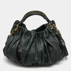 Pre Owned Miu Miu Dark Green Pleated Leather Large Plisse Hobo