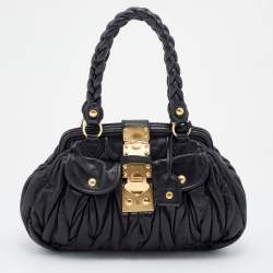 Miu Miu Black Matelassé Leather Coffer Frame Satchel