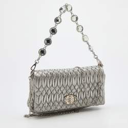 Pre Owned Miu Miu Silver Cloqué Leather Crystal Clutch Bag