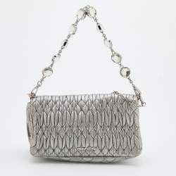 Pre Owned Miu Miu Silver Cloqué Leather Crystal Clutch Bag