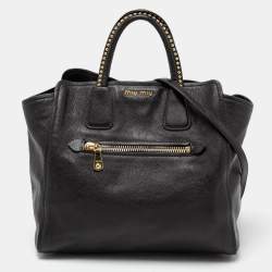 Pre Owned Miu Miu Black Madras Leather Studded Handle Tote