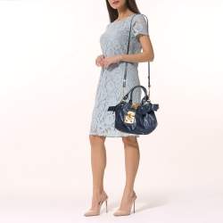 Miu Miu Navy Blue Distressed Leather Bow Satchel