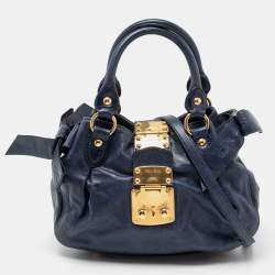 Miu Miu Navy Blue Distressed Leather Bow Satchel