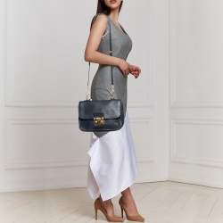 Pre Owned Miu Miu Dark Blue Madras Leather Push Lock Flap Top Handle Bag