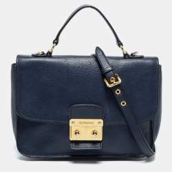 Pre Owned Miu Miu Dark Blue Madras Leather Push Lock Flap Top Handle Bag