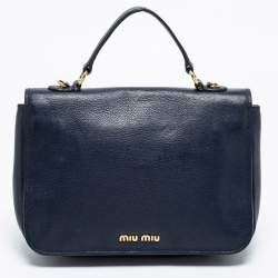 Pre Owned Miu Miu Dark Blue Madras Leather Push Lock Flap Top Handle Bag