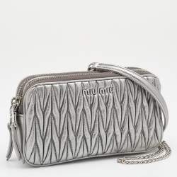 Pre Owned Miu Miu Silver Matelassé Leather Double Zip Crossbody Bag