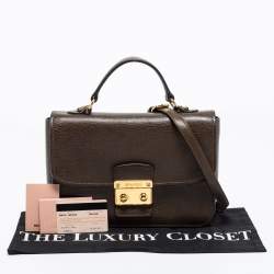 Miu Miu Olive Green Madras Leather Push Lock Flap Top Handle Bag