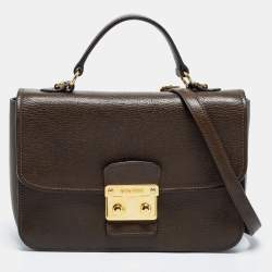 Miu Miu Olive Green Madras Leather Push Lock Flap Top Handle Bag