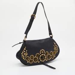 Pre Owned Miu Miu Black Leather Studded Flap Shoulder Bag